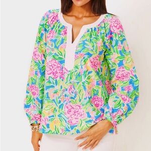 Lilly Pulitzer Camryn Pink & Blue Multi Grove Relaxed Tunic with Mandarin Collar